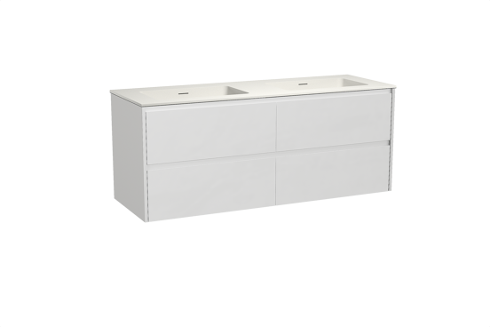 Storke Seda zwevend badkamermeubel 150 x 52 cm mat wit met Mata dubbele wastafel in solid surface mat wit