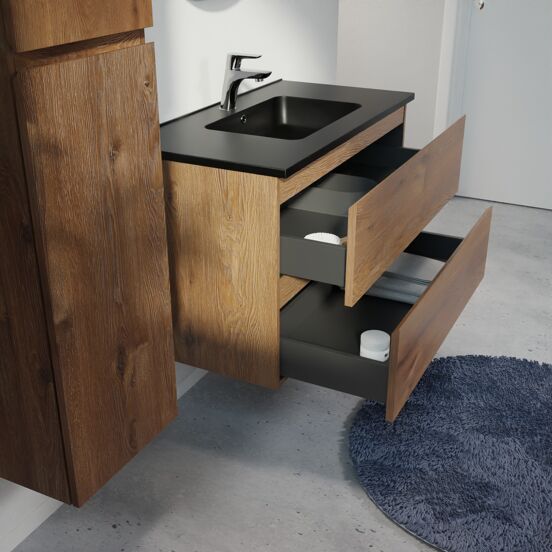 Linie Lado hängendes Möbelstück Set: 90 x 46 cm, Braune Eiche, mit Vano Einzelwaschtisch, Marmorkomposit Schwarz matt