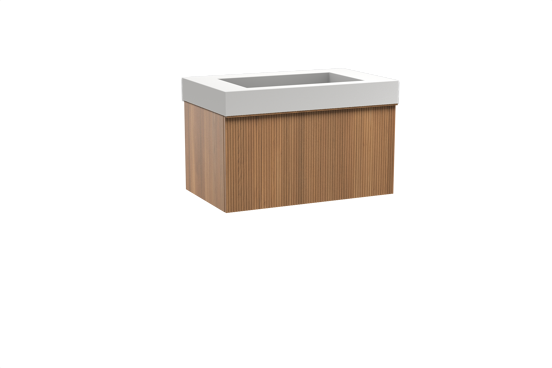 Balmani Forma hängendes Möbelstück Set: 90 x 55 cm, Teak, mit Modus Einzelwaschtisch, Solid Surface, Weiß matt, Vertikale symmetrische gerade Rippe