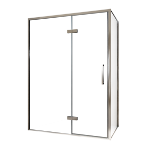 Balmani Senses Design douche en coin avec porte pivotante à gauche et paroi latérale fixe, 140 x 100 cm, Verre transparent, Profil chrome