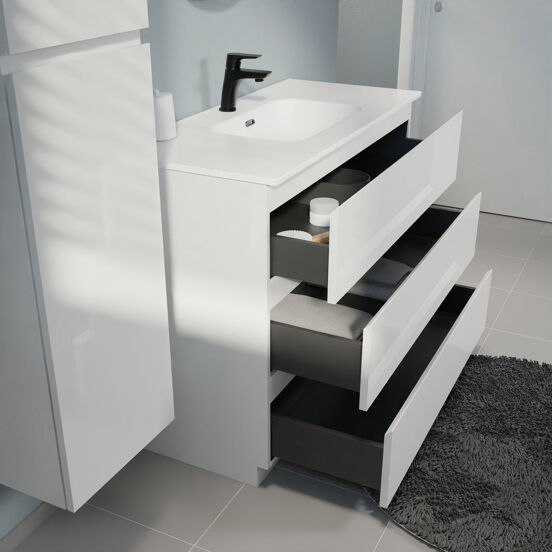 Linie Lado staand badkamermeubel 100 x 46 cm glanzend wit met Baro enkele wastafel in porselein glanzend wit