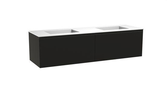Balmani Idra zwevend badkamermeubel 180 x 55 cm mat zwart met Tablo Stretto dubbele wastafel in solid surface mat wit