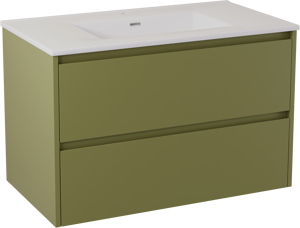 Storke Seda meuble salle de bains suspendu 95 x 52 cm vert olive avec Kera double vasque en céramique blanc brillant, bonde incluse