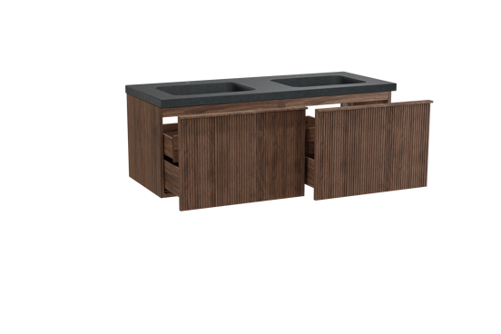 Balmani Forma zwevend badkamermeubel 135 x 55 cm amerikaanse notelaar met Napoli dubbele wastafel in graniet zwart, Verticale symmetrische rechte ribbel