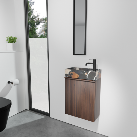 Balmani Forma zwevend toiletmeubel 42 x 21 cm amerikaans notenhout met Dama wastafel in Portoro Gold marmer
