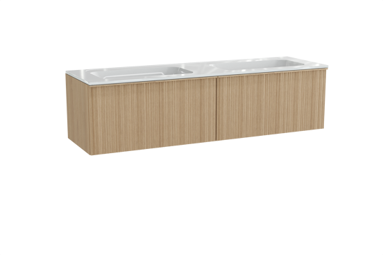 Balmani Forma zwevend badkamermeubel 180 x 55 cm natuur eik met Tablo Strada dubbele wastafel in composietmarmer glanzend wit, Verticale asymmetrische ronde ribbel