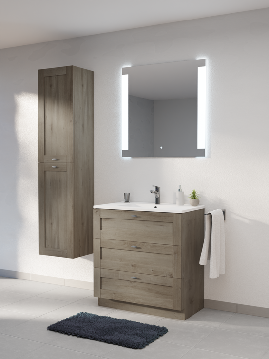 Linie Classo staand badkamermeubel 80 x 46 cm grijze eik met Vano enkele wastafel in composietmarmer glanzend wit