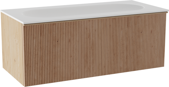 Balmani Forma zwevend badkamermeubel 120 x 55 cm natuur eik met Tablo Oval enkele wastafel voor 2 kraangaten in solid surface mat wit, Verticale symmetrische rechte ribbel