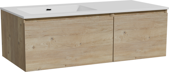 Storke Edge meuble salle de bains suspendu 110 x 52 cm chêne brut avec Diva plan vasque asymétrique à gauche en marbre composite blanc brillant