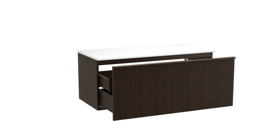 Balmani Forma zwevend badkamermeubel 120 x 55 cm gerookte eik met Stretto enkel of dubbel tablet in solid surface mat wit, Verticale symmetrische rechte ribbel