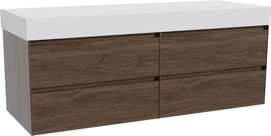 Balmani Mitra hängendes Möbelstück Set: 150 x 55 cm, Amerikanischer Nussbaum, mit Dominus Einzel- oder Doppel Waschtischplatte, Solid Surface Weiß matt