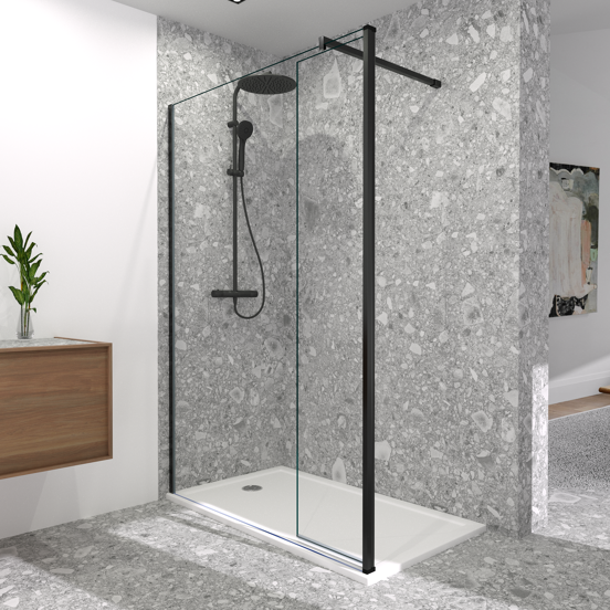 Balmani Move douche à l'italienne avec panneau latéral pivotant 140 x 200 cm verre transparent profil noir mat