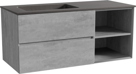 Storke Edge zwevend badmeubel 120 x 52 cm beton donkergrijs met Scuro asymmetrisch linkse wastafel in kwarts mat zwart