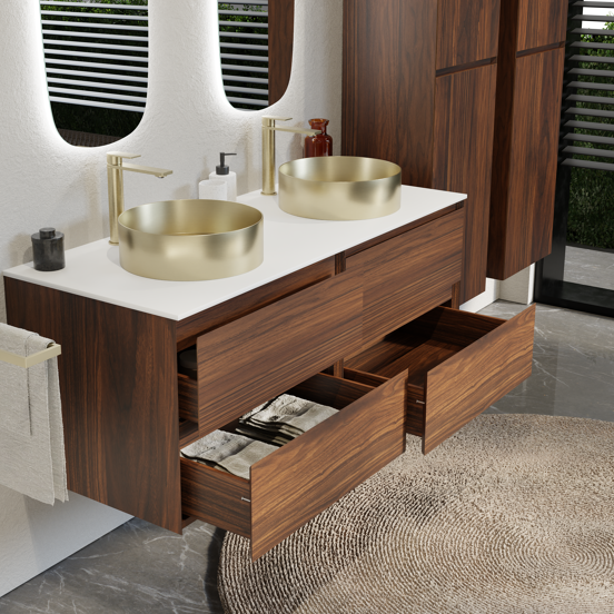 Balmani Mitra zwevend badmeubel 135 x 55 cm notenhout met Stretto enkel of dubbel wastafelblad in solid surface mat wit