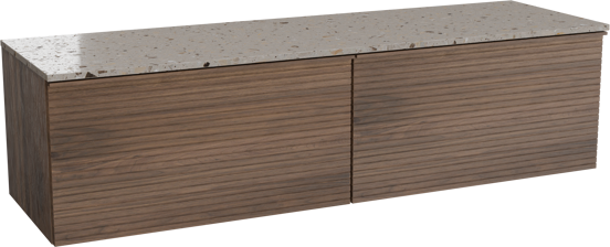 Balmani Forma hängendes Möbelstück Set: 180 x 55 cm, Amerikanischer Nussbaum, mit Stretto Einzel- oder Doppel Waschtischplatte, Terrazzo in Greige, Horizontale symmetrische gerade Rippe
