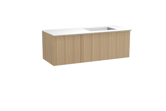 Balmani Forma zwevend badkamermeubel 135 x 55 cm natuur eik met Tablo Stretto asymmetrisch rechtse wastafel in solid surface mat wit, Verticale asymmetrische ronde ribbel