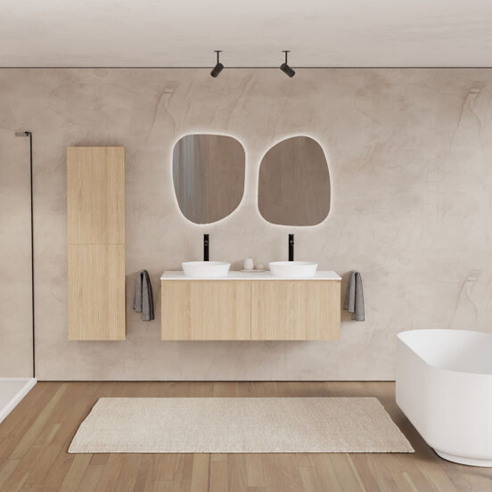 Balmani Fila zwevend badmeubel 135 x 55 cm naturel eiken met Stretto enkel of dubbel wastafelblad in solid surface mat wit, Verticale symmetrische rechte ribbel