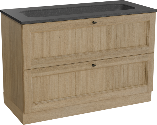 Balmani Lemon freistehendes Möbelstück Set: 120 x 55 cm, Verwitterte Eiche, mit Tablo Arcato Einzelwaschtisch für 2 Armaturenlöcher, Schwarzes Granit