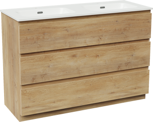 Linie Lado freistehendes Möbelstück Set: 120 x 46 cm, Naturbelassene Eiche, mit Baro Doppelwaschtisch, Porzellan Weiß glänzend
