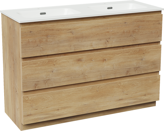 Linie Lado staand badkamermeubel 120 x 46 cm natuur eik met Baro dubbele wastafel in porselein glanzend wit