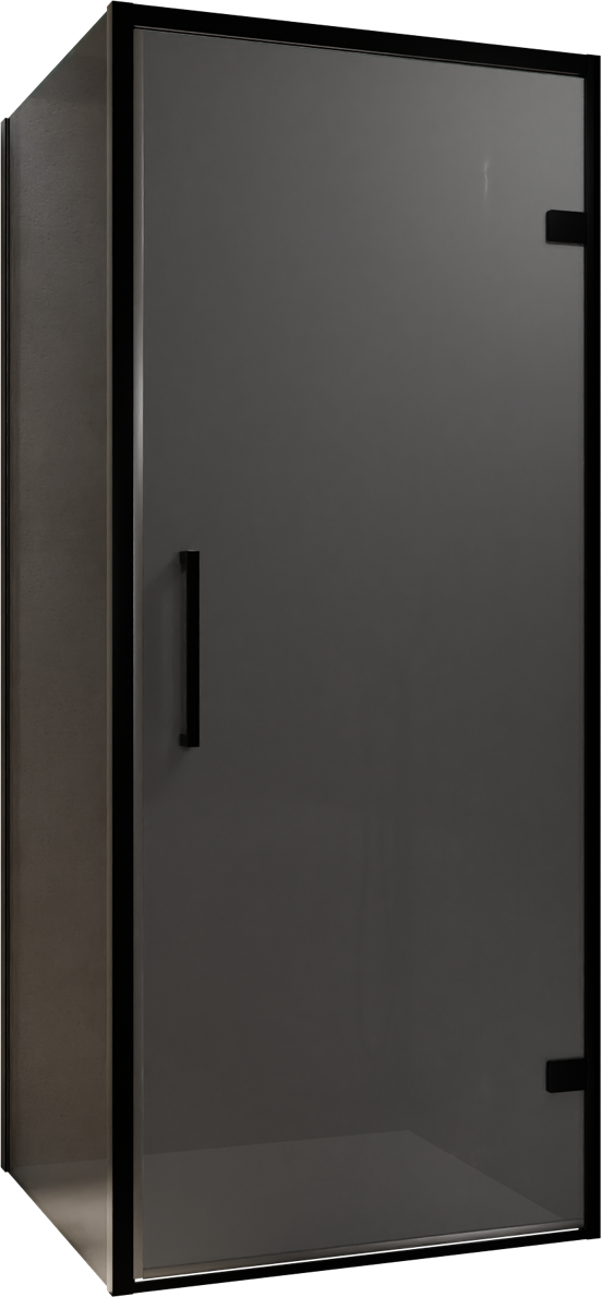 Balmani Senses Design douchehoek met rechtse draaideur en vaste zijwand, 90 x 80 cm, Rookglas, Zwarte profielen, met coating
