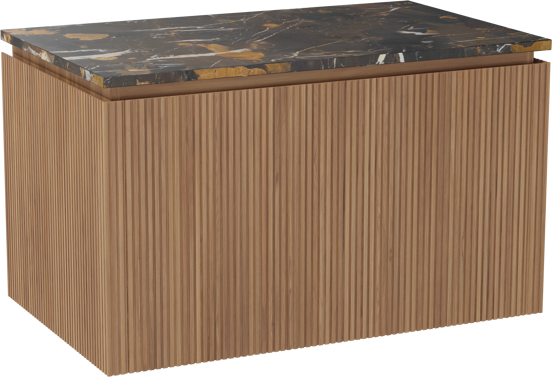 Balmani Eclips meuble salle de bains suspendu 90 x 55 cm Teck avec Stretto tablette simple en Portoro Gold marbre, Nervure droite symétrique verticale