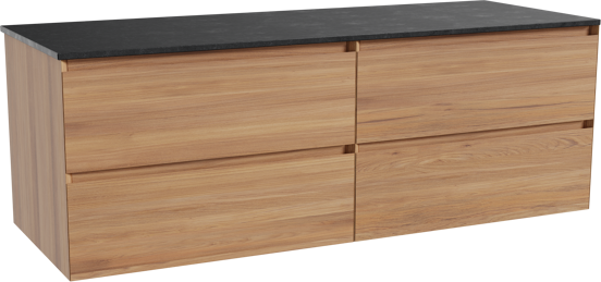 Balmani Mitra zwevend badkamermeubel 150 x 55 cm teak met Stretto enkel of dubbel tablet in graniet zwart