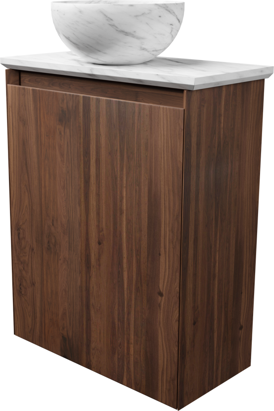 Balmani Mitra meuble wc suspendu 42 x 21 cm noyer américain avec Facetta tablette et Bari XS vaque à poser en marbre carrare