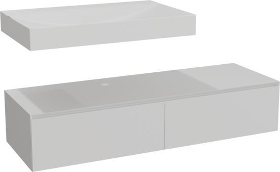 Balmani Mitra Elements hängendes Möbelstück Set: 150 x 55 cm, Weiß matt mit Wave Einzelwaschtisch 90 cm, Solid Surface Weiß matt