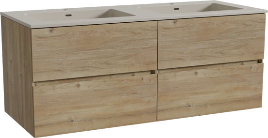 Storke Edge meuble salle de bains suspendu 130 x 52 cm chêne brut avec Diva double vasque en top solid soie grise