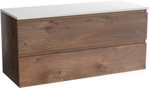 Linie Lado zwevend badkamermeubel 120 x 46 cm bruine eik met Lado dubbel tablet in composietmarmer mat wit
