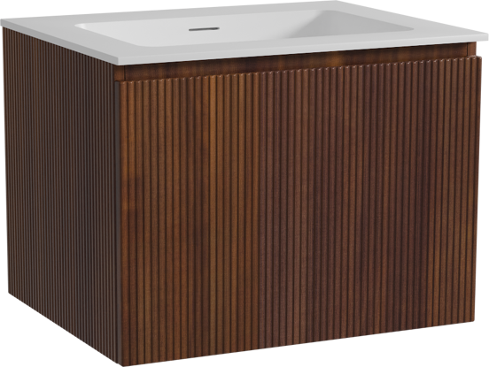 Storke Ribs zwevend badkamermeubel 65 x 52 cm notelaar met Mata enkele wastafel in solid surface mat wit, Verticale symmetrische rechte ribbel