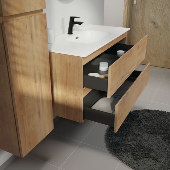 Linie Lado meuble salle de bains suspendu 100 x 46 cm chêne naturel avec Baro plan simple en porcelaine blanc mat