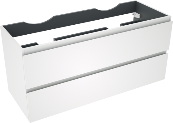 Linie Lado hängender Waschbeckenunterschrank: 120 x 46 cm, Weiß matt, 2 Schubladen, 2 Siphonaussparungen