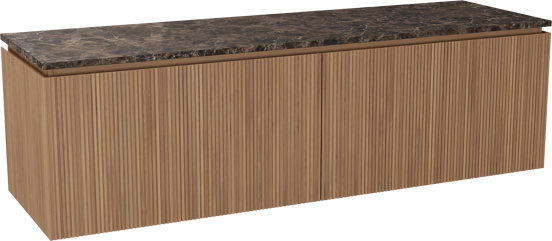 Balmani Eclips meuble salle de bains suspendu 180 x 55 cm Teck avec Stretto tablette simple ou double en Dark Emperador marbre, Nervure droite symétrique verticale