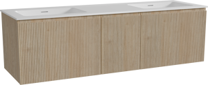 Storke Ribs meuble salle de bains suspendu 165 x 52 cm chêne brut avec Mata double vasque en solid surface blanc mat, Nervure droite symétrique verticale