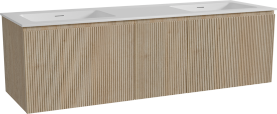 Storke Ribs meuble salle de bains suspendu 165 x 52 cm chêne brut avec Mata double vasque en solid surface blanc mat, Nervure droite symétrique verticale