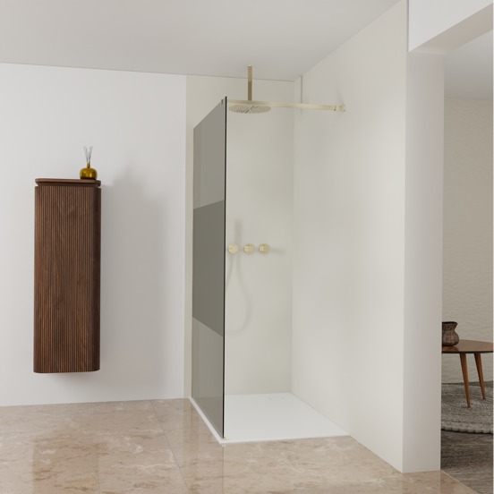 Balmani Modular inloopdouche: 120 x 200 cm, Rookglas met matte strook met coating, Brushed Champagne Gold profielen