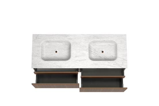 Balmani Sfera hängendes Möbelstück Set: 150 x 55 cm, Amerikanischer Nussbaum, mit Tablo Arcato Doppelwaschtisch, Marmor Carrara