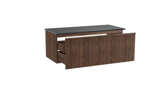 Balmani Forma hängendes Möbelstück Set: 120 x 55 cm, Amerikanischer Nussbaum, mit Stretto Einzel Waschtischplatte, Granit, Schwarzes Granit, Vertikale symmetrische gerade Rippe