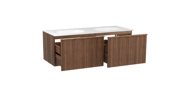 Balmani Forma meuble salle de bains suspendu 135 x 55 cm noyer américain avec Tablo Oval double vasque en solid surface blanc mat, Nervure circulaire asymétrique verticale