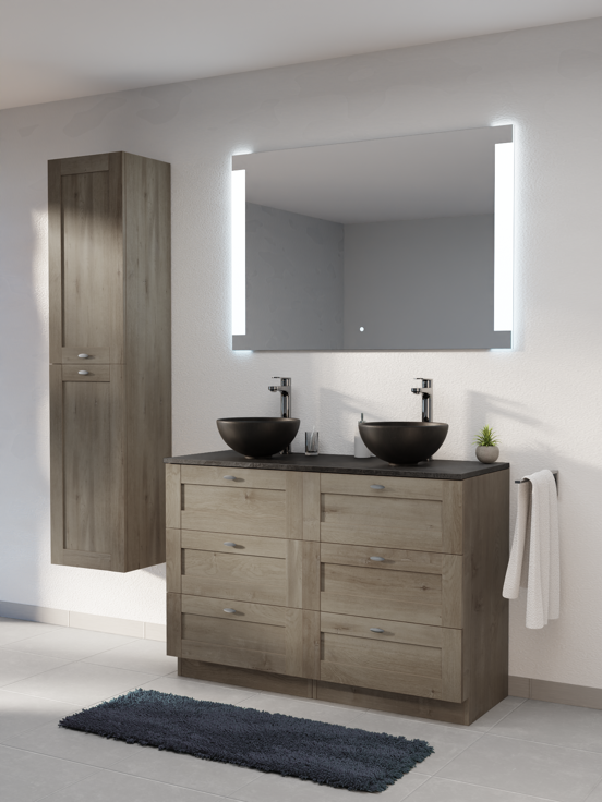 Linie Classo meuble salle de bains à poser 120 x 46 cm chêne gris avec Lado tablette simple ou double en mélaminé ardoise gris