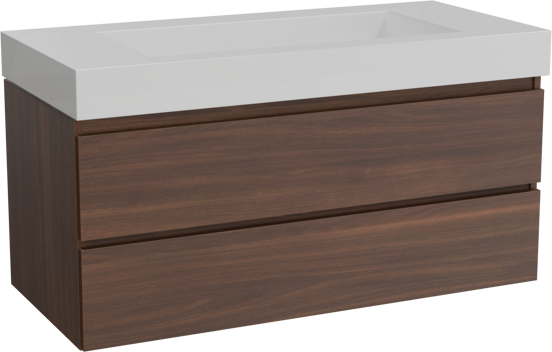 Balmani Lucida meuble salle de bains suspendu 120 x 55 cm noyer américain avec Modus lavabo simple pour 2 trous de robinet en solid surface blanc mat