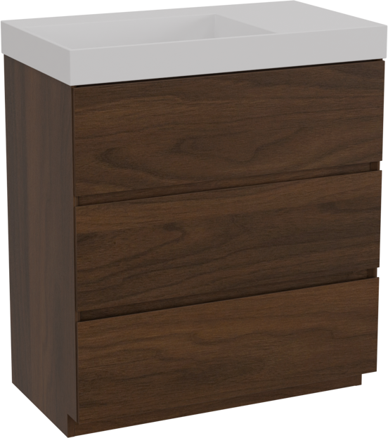 Storke Edge staand badkamermeubel 80 x 46 cm notelaar met Jura asymmetrisch linkse wastafel in solid surface mat wit