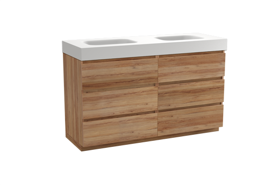 Balmani Lucida staand badkamermeubel 150 x 55 cm teak met Arcato dubbele wastafel in solid surface mat wit