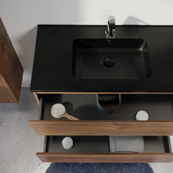 Linie Lado hängendes Möbelstück Set: 100 x 46 cm, Braune Eiche, mit Vano Einzelwaschtisch, Marmorkomposit Schwarz matt