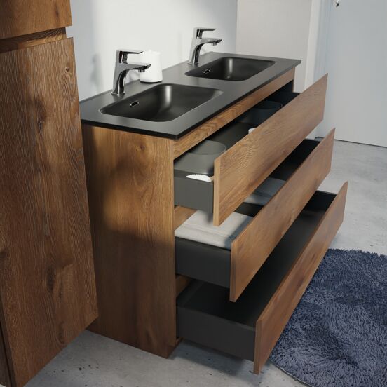 Linie Lado staand badmeubel 120 x 46 cm bruin eiken met Baro dubbele wastafel in porselein mat zwart