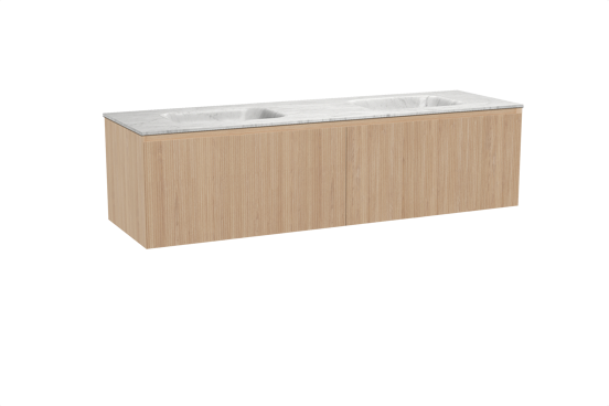 Balmani Fila hängendes Möbelstück Set: 180 x 55 cm, Naturbelassene Eiche, mit Tablo Arcato Doppelwaschtisch, Marmor, Carrara, Vertikale symmetrische gerade Rippe