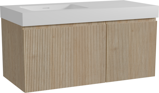 Storke Ribs hängendes Möbelstück Set: 110 x 52 cm, Rohe Eiche, mit Mata High Waschtisch links, Solid Surface, Weiß matt, Vertikale symmetrische gerade Rippe