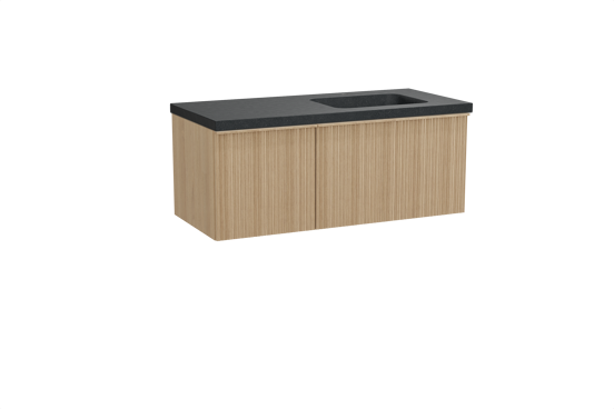 Balmani Forma zwevend badmeubel 120 x 55 cm naturel eiken met Napoli asymmetrisch rechtse wastafel in zwart graniet, Verticale asymmetrische ronde ribbel